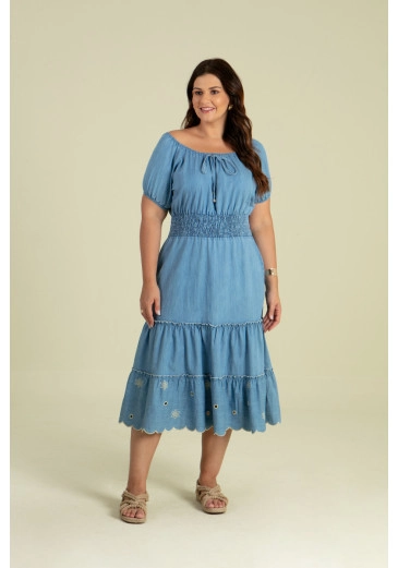 Vestido Jeans Midi Bordado Na Barra Hadaza Alto Verão 2024