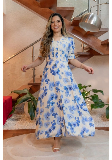 Vestido Longo Em Crepe Estampa Exclusiva Kauly Alto Verão 2024