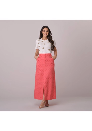 Saia Celina Em Linho Bordado Coral Tata Martello Primavera/Verão 2026
