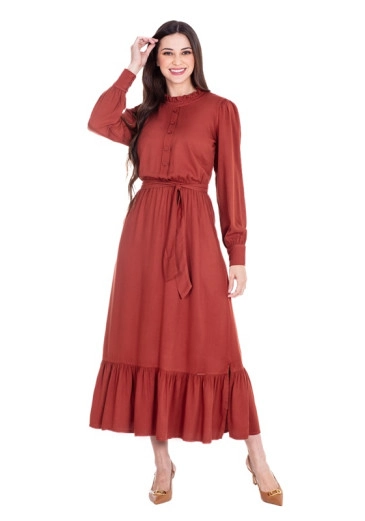 Vestido Donia Em Tecido Plano Com Babadinho Marrom Hapuk Outono/Inverno 2024