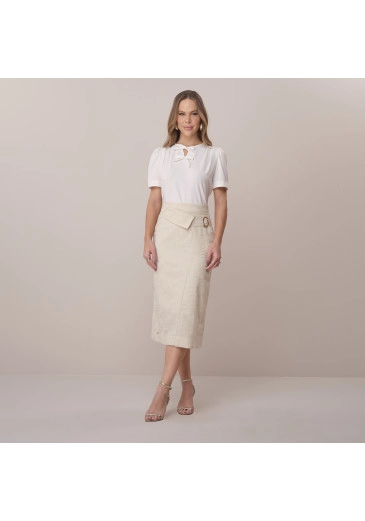 Saia Fernanda Em Linho Bege Tatá Martello Primavera/Verão 2026