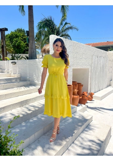 Vestido Maria Alícia Em Viscolinho Decote Redondo Amarelo Fagian Alto Verão 2024