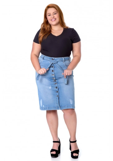 Saia Jeans Com Botões Plus Size Mulher Morena Alto Verão 2022