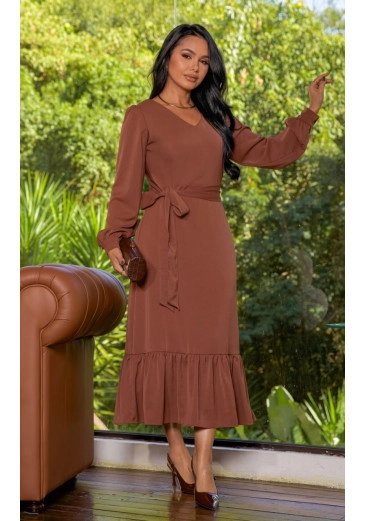Vestido Eliete Em Crepe Pele De Pêssego Marrom Maria Amore Outono/Inverno 2026