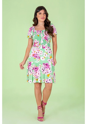 Vestido De Visco Slub Floral Verde Hadaza Alto Verão 2023