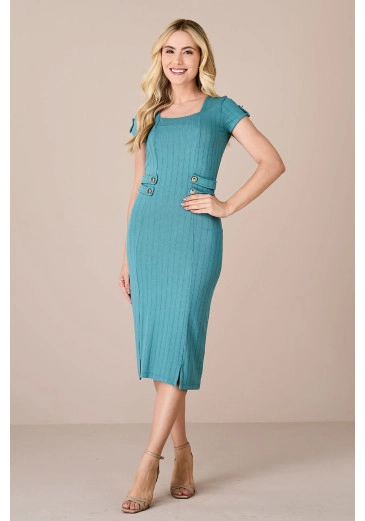 Vestido Leona em Malha French Tubinho Azul Tatá Martello Alto Verão 2025 