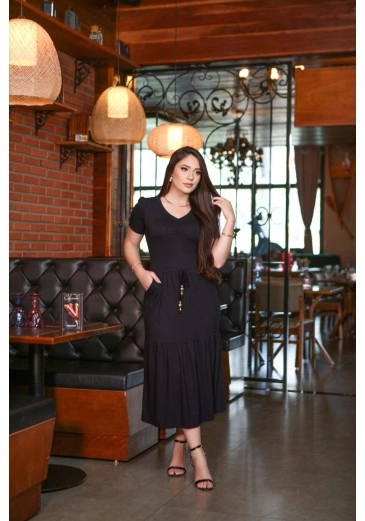 Vestido Em Malha Modal Decote V Evasê Preto Mulher Morena Outono/Inverno 2025