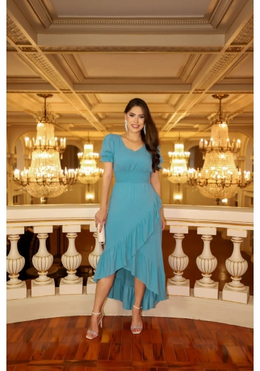 Vestido Luciana Azul Com Saia Transpassada Fagian Alto Verão 2023
