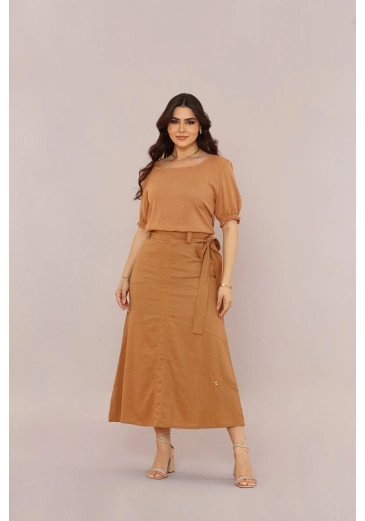 Saia Em Linho Midi Capuccino Mulher Morena Outono/Inverno 2025