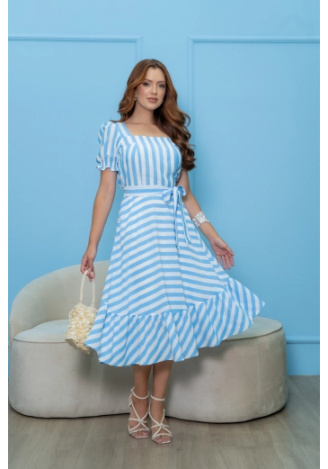Vestido Max Em Crepe Airflow Listrado Azul Luciana Pais Alto Verão 2025