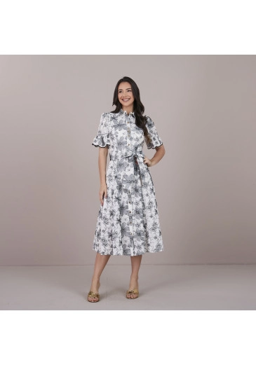 Vestido Eduarda Em Voil Bordado Slub Com Botões Funcionais Preto Tatá Martello Primavera/Verão 2025