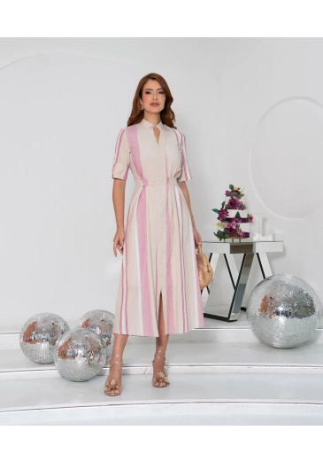 Vestido Midi Max Em Tricoline Com Listras Rosa Luciana Pais Primavera/Verão 2026