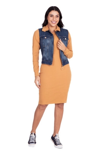 Vestido Indira Em Malha Canelada Com Jaqueta Jeans Caramelo Hapuk Outono/Inverno 2024