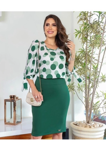 Blusa Pamela Em Crepe Twill Estampa De Bolinha Verde Maria Amore Alto Verão 2024