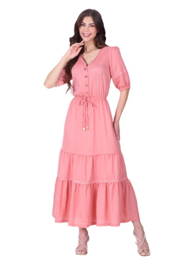 Vestido Roseli Em Tecido Plano Maquinetado Coral Hapuk  Primavera/Verão 2026