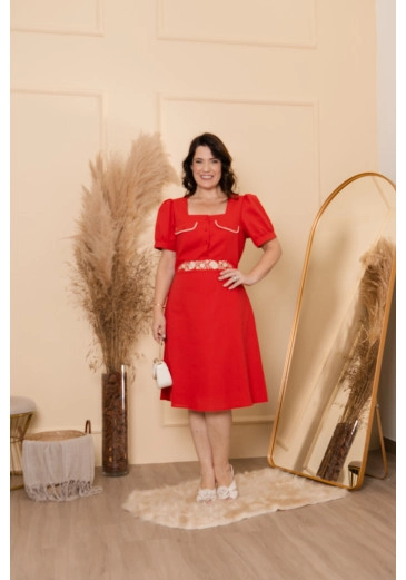 Vestido Em Linho Decote Quadrado Com Bordado Na Cintura Vermelho Kauly Primavera/Verão 2025