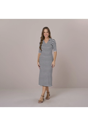 Vestido Nanda Em Malha Listrado Preto Tatá Martello Outono/Inverno 2025