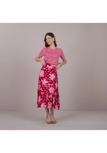 Saia Milene em Viscose Rosa Estampada Tatá Martello Primavera/Verão 2025 
