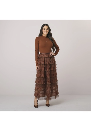 Saia Morgana Em Tule Com Crepe Marrom Tata Martello Outono/Inverno 2026