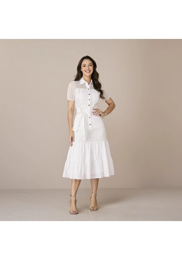 Vestido Pamela Em Tricoline Com Guipir Branco Tatá Martello Alto Verão 2025