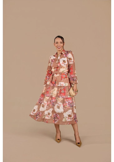 Vestido Patricia Em Chiffon E Viscose Toque De Seda Marrom Jany Pim Outono/Inverno 2026