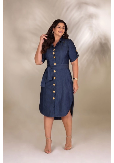 Vestido Plus Size Midi Mulet Jeans Com Manga Três Quartos Hadaza Alto Verão 2024
