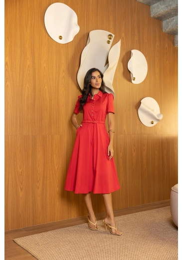 Vestido Karina  Em Tricoline Vermelho Jany Pim Primavera/Verão 2026