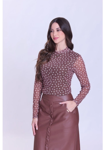 Blusa Francisca Em Malha Tule Estampada Marrom Hapuk Outono/Inverno 2026
