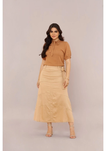 Saia Em Linho Midi Champagne Mulher Morena Outono/Inverno 2025