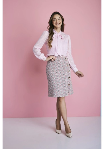 Saia Raissa Tweed Com Elastano Rosa Tatá Martello Outono/Inverno 2023