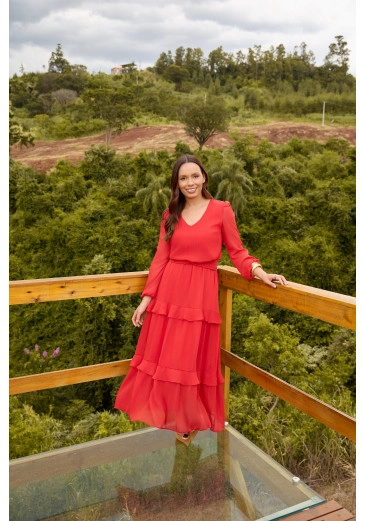 Vestido Simone Em Madelaine Com Lurex Vermelho Jany Pim Primavera/Verão 2026