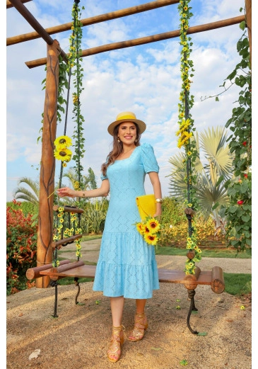 Vestido Simone Em Malha Laise Decote Princesa Duas Marias Azul Fagian Primavera/Verão 2024