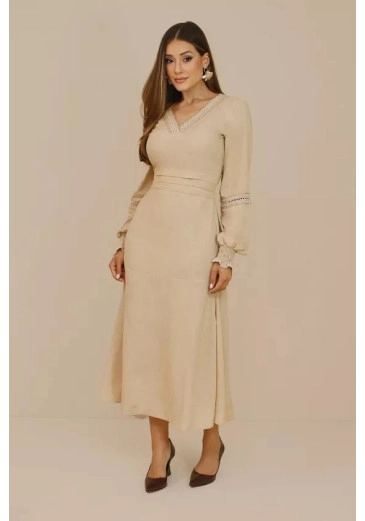 Vestido Midi Nilza Em Viscose Bege Nitido Outono/Inverno 2026