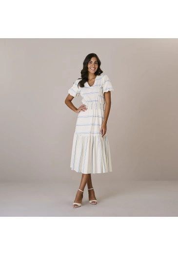 Vestido Rebeca Em Linho Bordado Azul Tatá Martello Outono/Inverno 2025