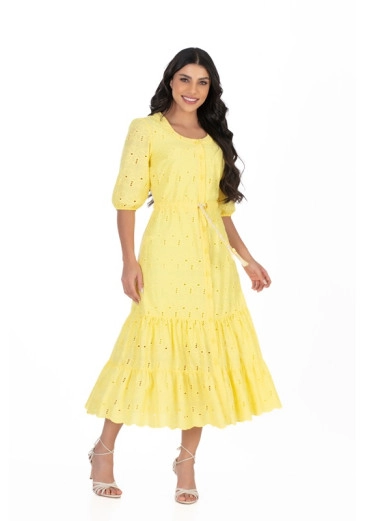 Vestido Isabella Em Laise Com Botões Frontais Amarelo Hapuk Alto Verão 2024