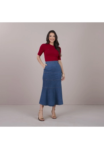 Saia Maira Em Jeans Com Elastano Com Zíper Tatá Martello Primavera/Verão 2025