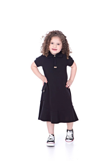 Vestido Raquel Infantil Em Malha Piquet Com Bolsos Funcionais Preto Hapuk Primavera/Verão 2024 