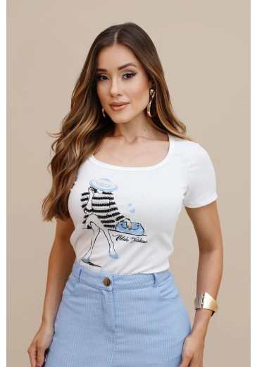 T-shirt Carolina Em Malha Canelada Azul Nitido Outono/Inverno 2026