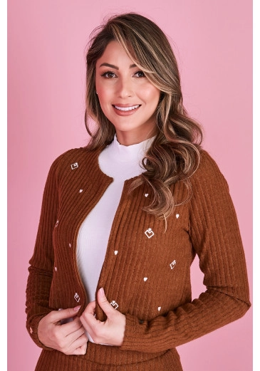 Cardigan Ione Com Detalhes Bordados Em Veludo Canelado Marrom Tata Martello Outono/Inverno 2023