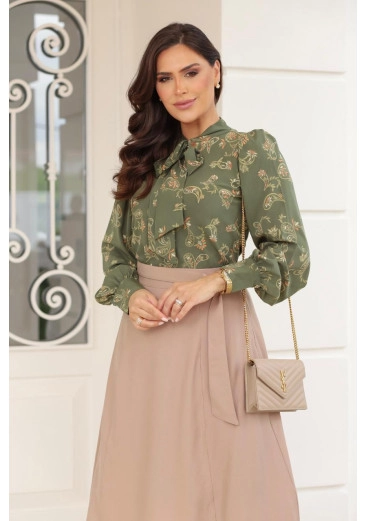 Blusa Valesca Em Sedinha Estampada Verde Maria Amore Outono/Inverno 2026