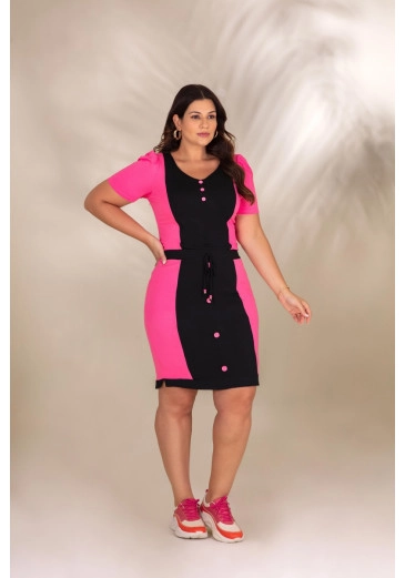 Conjunto Plus Size Confeccionado Em Malha Lisa Preto Com Pink Hadaza Alto Verão 2024