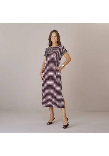 Vestido Leia Com Listras Bordô Em Malha Geo Tripodi Premium Tatá Martello Outono/Inverno 2025