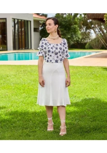Blusa Monica Com Toque De Seda Estampada Azul Jany Pim Alto Verão 2025