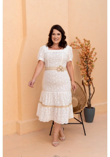 Vestido Midi Em Voil Bordado Branco Kauly Outono/Inverno 2024