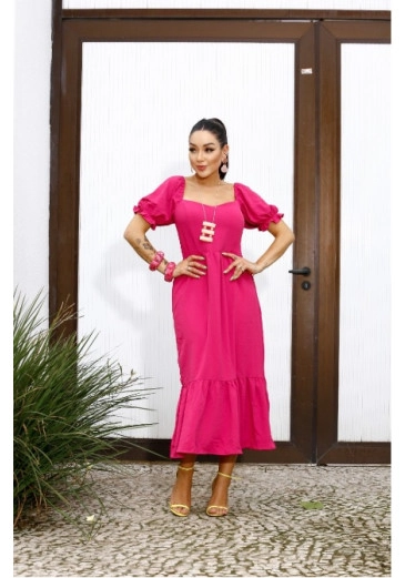 Vestido Midi Com Lastex Manga Curta Pink Outono/Inverno 2023