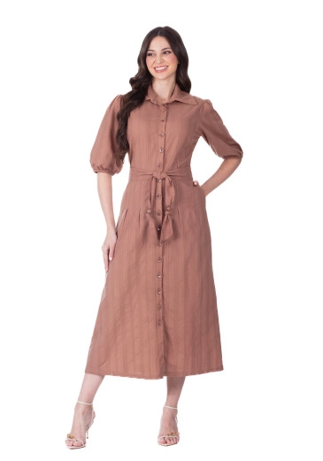 Vestido Pérola Em Tecido Plano Maquinetado Marrom Hapuk Primavera/Verão 2026