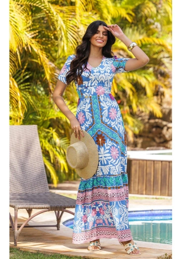 Vestido Manuela Longo Em Crepe Estampado Maria Amore Primavera/Verão 2025