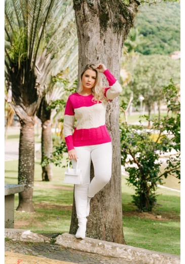 Blusa Off White E Rosa Com Em Tricot Outono/Inverno 2023