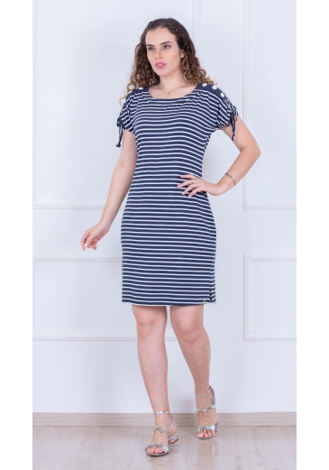 Vestido Marines Em Malha Listrada Azul Puro Sharmy Alto Verão 2025