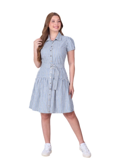 Vestido Isabel Em Jeans Listrado Azul Hapuk  Primavera/Verão 2026